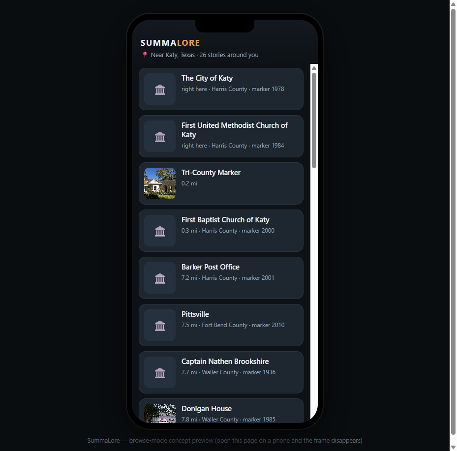 SummaLore browse mode — stories near you